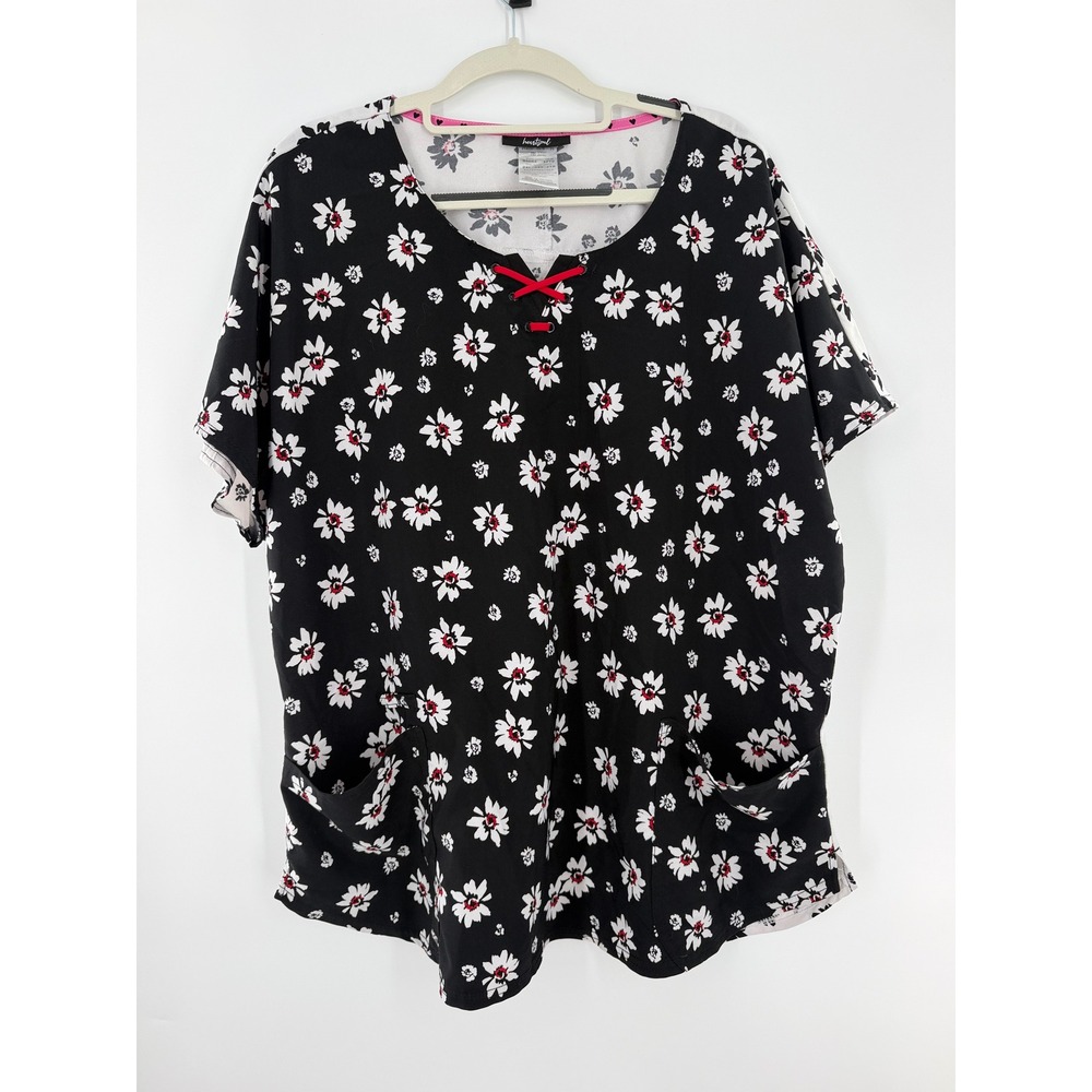 Heartsoul Floral Scrub Top Black White Red Lace Up Neck Pockets HS684 2XL